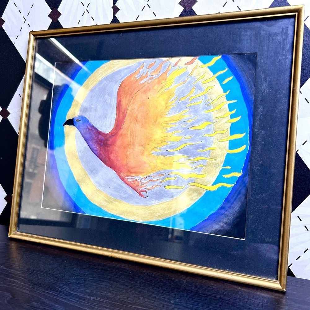 Original Framed Phoenix Bird Painting Celestial Outsider Folk Art 15"